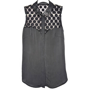 Milly Black Mesh Sheer Polka Dot Silk Lamb Leather Sleeveless Moto Boho Top 4‎